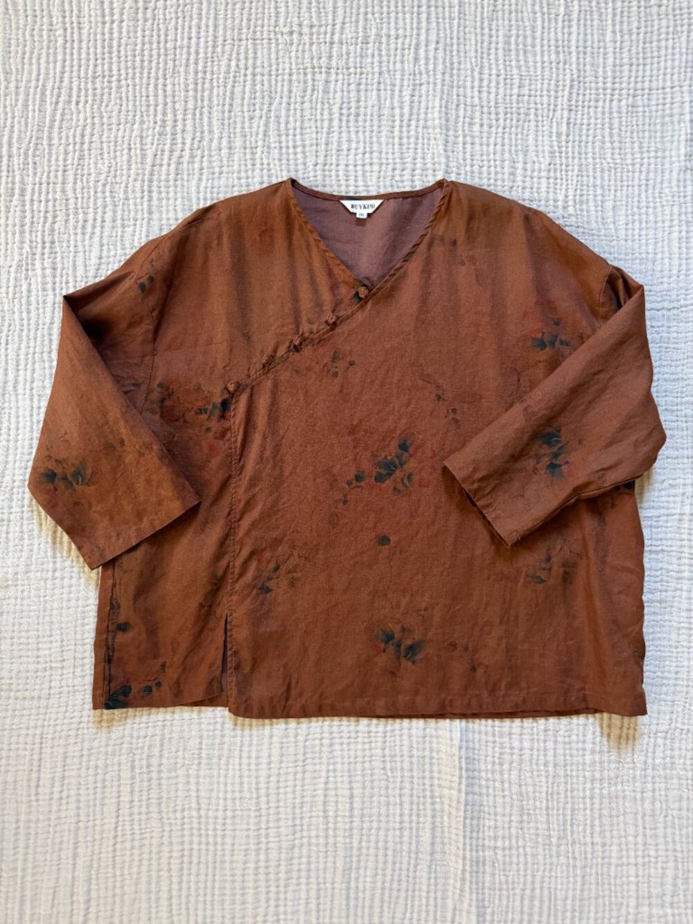 BUYKUD Brown 100% Linen Floral shirt 2XL